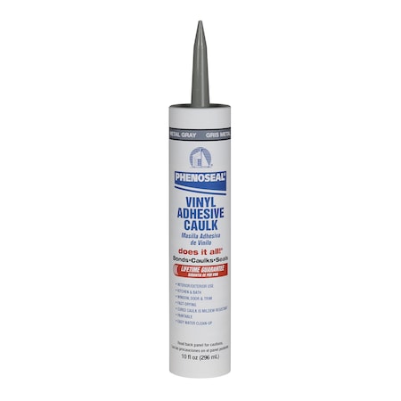 Acrylic Latex Adhesive Caulk, 10 oz, Cartridge, Metallic Gray, Acrylic Latex Base, Phenoseal