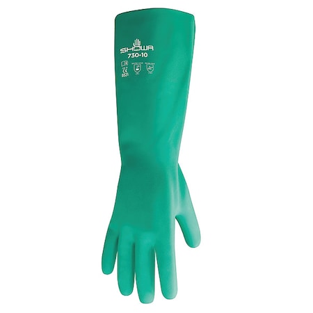 Chemical Resistant Gloves, Nitrile, 15 mil, 13 in L, Flock Lining, Bisque Texture, Green, Size 11,PR