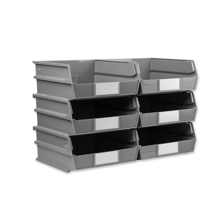Stacking Hanging Interlocking Bins, Gray, Polypropylene, 10-7/8" L x 11" W x 5" H, 6 CT