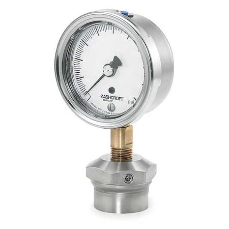 Pressure Gauge with Diaphragm Seal, 30 to 0 to 30 psi, 2 1/2 in Dial, 1/4 in NPT, Bottom Location