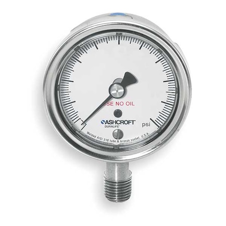 Industrial Pressure Gauge, 0 to 600 psi, 2 1/2 in Dial, 1/4 in NPT, Bottom Location