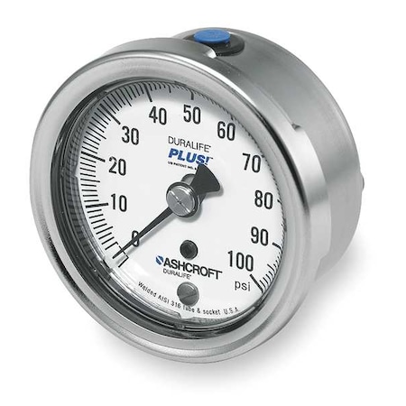 Industrial Pressure Gauge, 0 to 100 psi, 2 1/2 in Dial, 1/4 in NPT, Lower Back Location