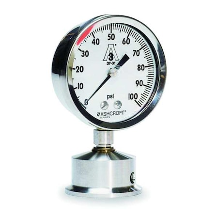 Pressure Gauge, 0 to 100 psi, 2 1/2 in Dial, 1 1/2 in Tri-Clamp, Bottom Location
