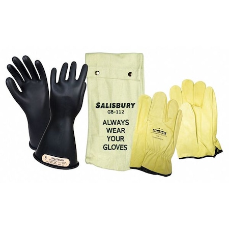 Electrical-Insulating Glove Kit, 500V AC, 750V DC, Rubber, 11" Length, Black, Size 8
