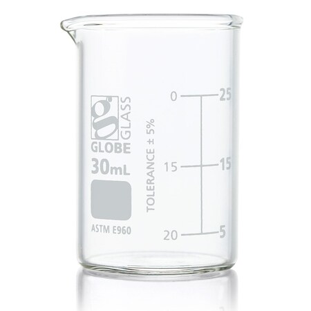 Beaker, Globe Glass, 30mL, Low Form Griffin Style, Dual Graduations, ASTM E960, 12/Box, 12PK