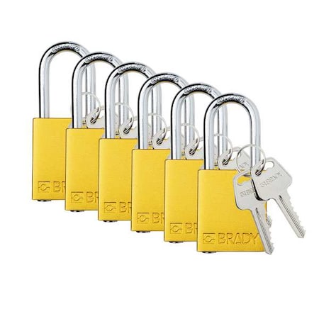 Padlock, Keyed Alike, Aluminum, Yellow, 1 1/2 in Shackle Height, 1 1/2 in Body Width, 6 PK