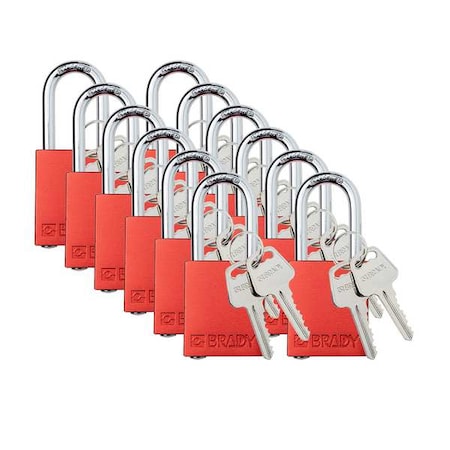 Padlock, Keyed Different, Aluminum, Red, 1 1/2 in Shackle Height, 1 1/2 in Body Width, 12 PK