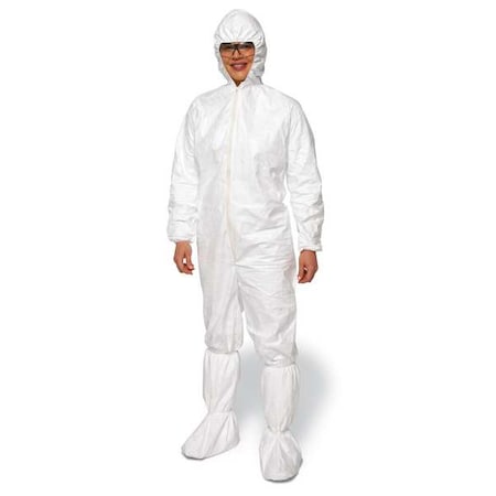 Serged Seams. Attached Elastic Hood. Set Sleeve Design. Elastic Wrists and Ankles. Zipper Closure. White. XL