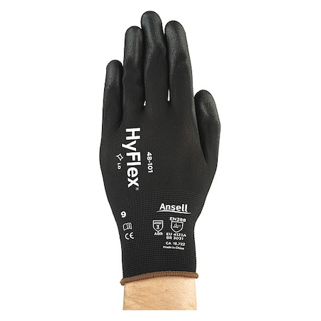 Hyflex Coated Gloves, Polyurethane, Dipped, Palm Coated, ANSI Abrasion Level 3, Black, XS, 1 Pair