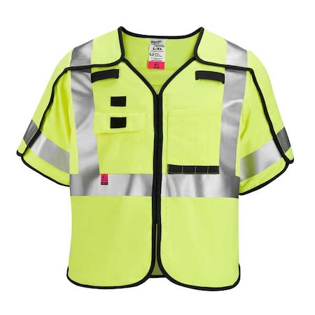 AR/FR Cat.1 High Visibility Vest w/Sleeves 2XL, 3XL Class 3 X Back, ,Hook and Loop 10 Pockets, No