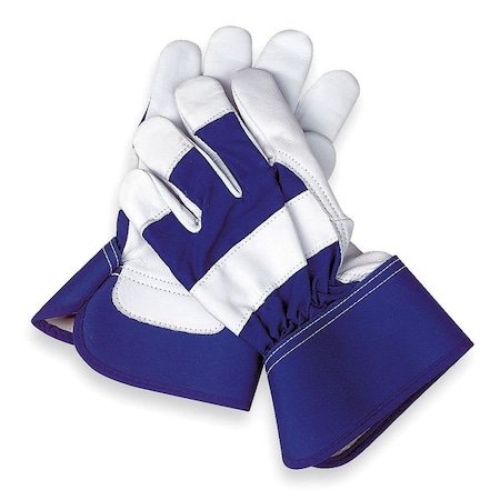 Leather Gloves, Goatskin, Safety Cuff, Wing Thumb, Full Finger, Blue/White, S, 1 PR