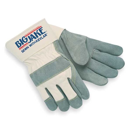 Leather Gloves, Cowhide, Safety Cuff, Wing Thumb, Full Finger, Gray/Tan, S, 1 PR