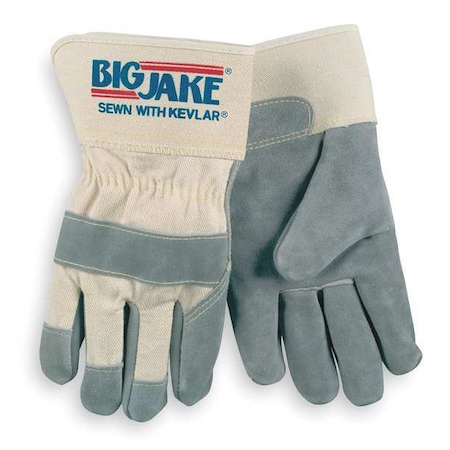 Leather Gloves, Cowhide, Safety Cuff, Wing Thumb, Gray, M, 1 PR