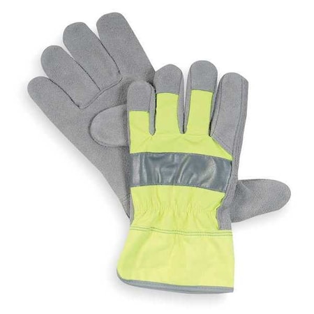 Leather Gloves, Cowhide, Safety Cuff, Wing Thumb, Full Finger, High-Visibility Green, M, 1 PR
