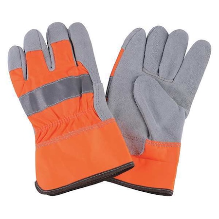 Leather Gloves, Cowhide, Safety Cuff, Wing Thumb, Full Finger, High-Visibility Orange, XL, 1 PR