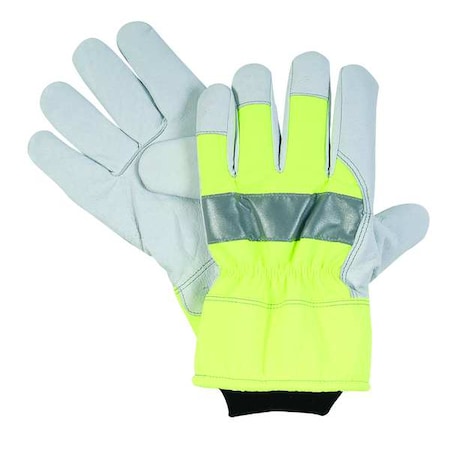 Hi-Vis Cold Protection Gloves, Grain Pigskin Leather Palm, Nylon/WarmTex Lining, Green/Gray
