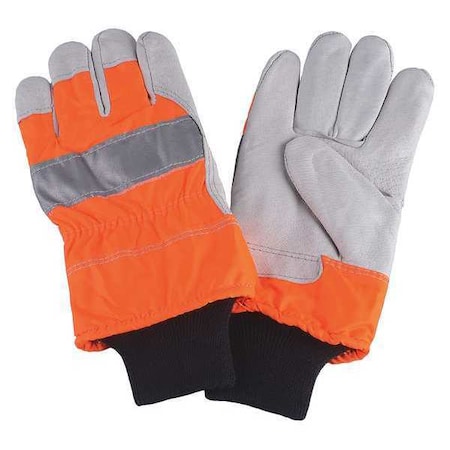 Leather Gloves, Pigskin, Knit Cuff, Wing Thumb, Full Finger, High-Visibility Orange, M, 1 PR