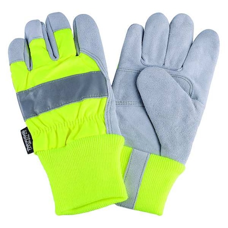 Leather Gloves, Cowhide, Knit Cuff, Wing Thumb, Full Finger, Lime, M, 1 PR