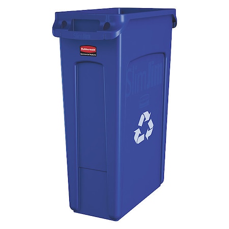 Recycling Bin, Rectangular, 23 gal Capacity, 11 in W, 22 in D, Recycle Symbol, Plastic, Blue