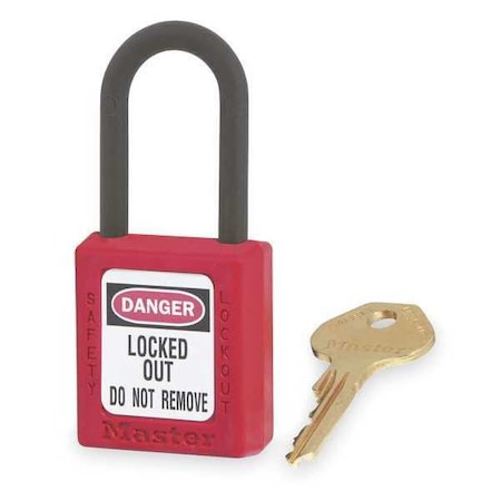 Lockout Padlock, Keyed Different, Thermoplastic, 1 1/2 in Shackle, Polypropylene, English, Red