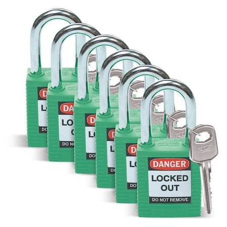 Lockout Padlock, Keyed Different, Nylon, Standard Body Size, 1-3/4 in H, Green, PK6