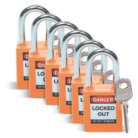 Lockout Padlock, Keyed Different, Nylon, Standard Body Size, 1-3/4 in H, Orange, PK6