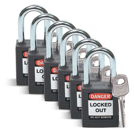 Lockout Padlock, Keyed Different, Nylon, Standard Body Size, 1-3/4 in H, Black, PK6