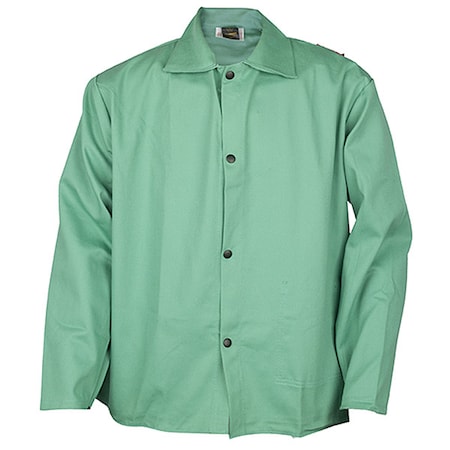 Cotton Welding Jacket, Cotton, 9 oz, 36 in Length, Snaps Closure, 1 Pockets, Green, XL