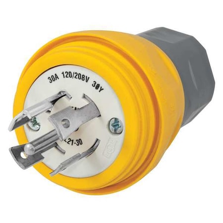 Watertight Locking Plug, L21-30P, 30 A, 120/208V AC, Three Phase, 4 Pole, Screw Terminals, Yellow