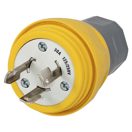 Watertight Locking Plug, Non-NEMA, 30 A, 125/250V AC, Single Phase, 3 Pole, Screw Terminals, Yellow