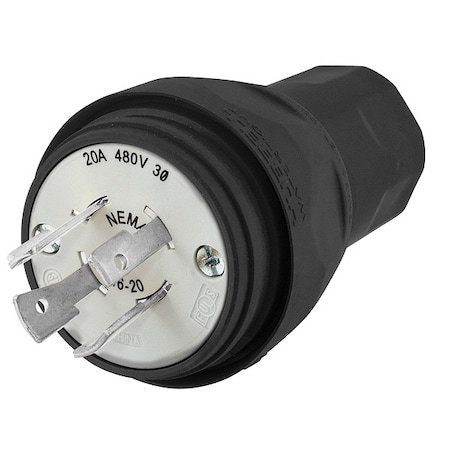 Watertight Locking Plug, L16-20P, 20 A, 480V AC, Three Phase, 3 Pole, Screw Terminals, Black