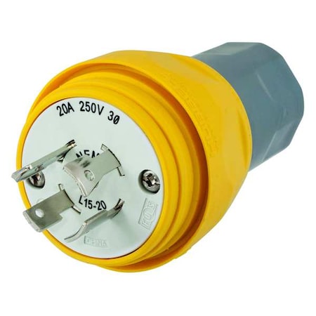 Watertight Locking Plug, L15-20P, 20 A, 250V AC, Three Phase, 3 Pole, Screw Terminals, Yellow