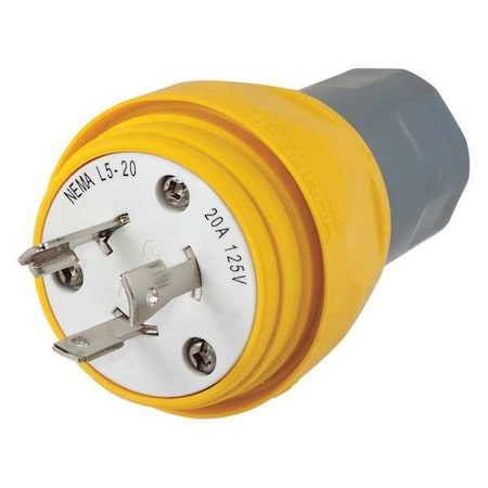 Watertight Locking Plug, L5-20P, 20 A, 125V AC, Single Phase, 2 Pole, Screw Terminals, Yellow
