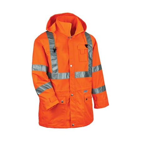 Rain Jacket with Hood, Polyester, Class 3 Type R, Orange, 4XL
