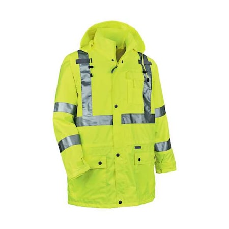 Rain Jacket with Hood, Polyester, Class 3 Type R, Yellow/Green, L