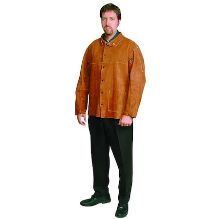 Welding Jacket, Cowhide, 30 in Length, Snaps Closure, 3 Pockets, Brown, XL