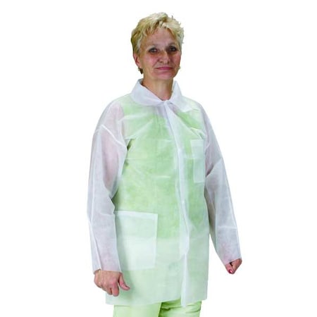 Disposable Lab Coat, Mandarin Collar, Polypropylene, Button Closure, Open Cuff, XL, White, PK25