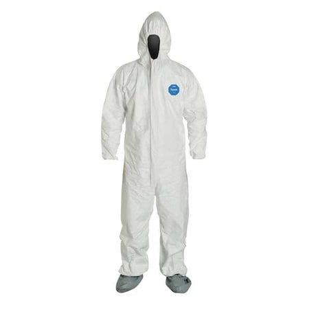Tyvek 400 Hooded Disposable Coverall, Attached Skid-Resistant Boots, Large, White, PK25