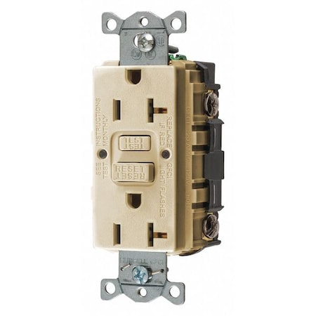 GFCI Receptacle: Duplex, 1 Phase, NEMA 5-20R, 125V AC, 20 A, 2 Poles, Screw Terminals, Ivory