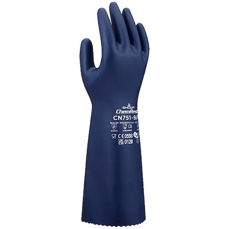 CN751 Chemical Resistant Gloves, Nitrile, 380 mm L, 18.11 mil, Blue, 7, 1 PR
