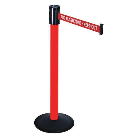 Barrier Post with Belt, Red, 15 ft Length, 40 in Post Height, ARC Flash Zone - Keep Out, Red