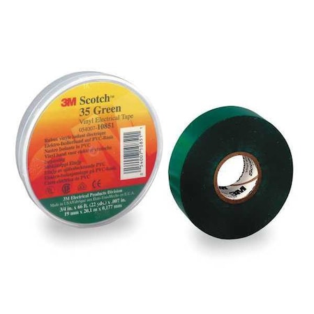 Vinyl Electrical Tape, 35, Scotch, 3/4 in W x 66 ft L, 7 mil thick, Green