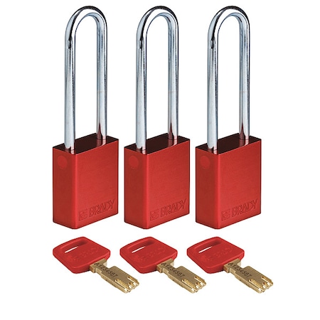 Lockout Padlock, Keyed Alike, Aluminum, Red, 3 in Shackle Height, 1 1/2 in Body Width, 3 PK