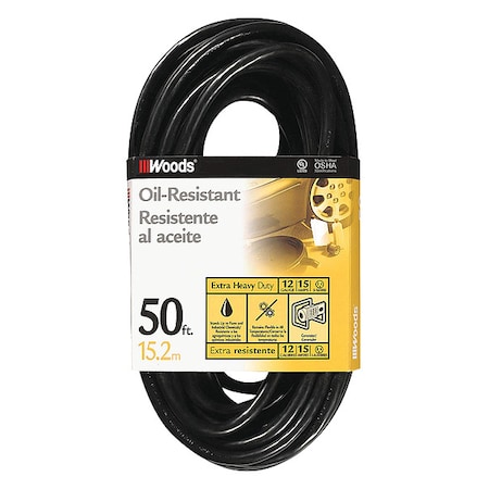 SJTOW Extension Cord, 12 AWG, Outdoor, 12/3, 1 Outlets, 5-15R, Black, PVC, 5-15P, 50 ft
