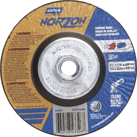 Depressed Center Grinding Wheel, Type 27, 4 1/2 in Dia, 0.25 in Thick, 5/8"-11 Arbor Hole Size