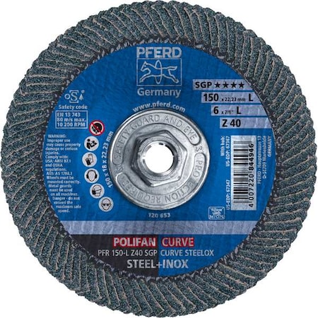 6" x 5/8-11 Thd. POLIFAN Flap Disc - Z SGP CURVE STEELOX, Zirconia, 40 Grit, Large Radius