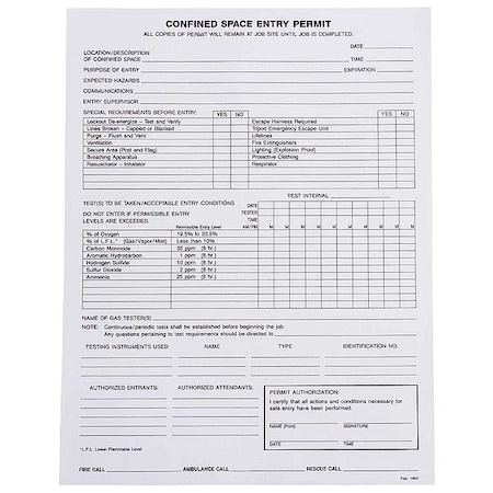 Confined Space Entry Permits, Paper, 11 in H x 8 1/2 in W, Black, White