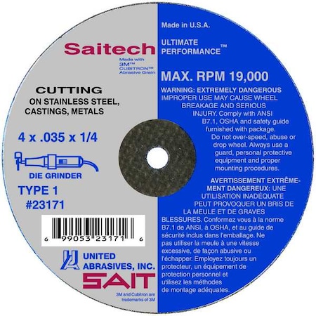 Abrasive Cut-Off Wheel, Type 1, 4 in Dia, 0.0625 in Thick, 5/8 in Arbor Hole Size, Ceramic, 46 Grit