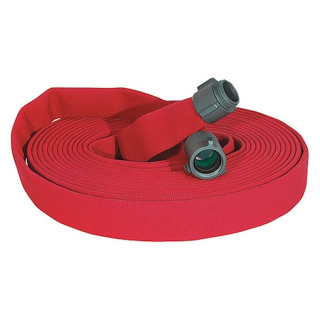 Fire Hose, Double Jacket, 50 ft Length, 1 1/2 in Hose Inside Dia., Polyurethane Hose Tube, Red