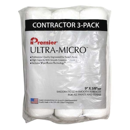 9" Paint Roller Cover, 3/8" Nap, Microfiber, 3 PK
